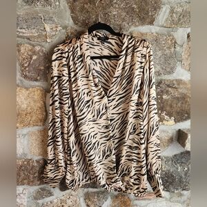 Haver London Womens 2x Blouse Top Satin Faux Wrap Animal Print